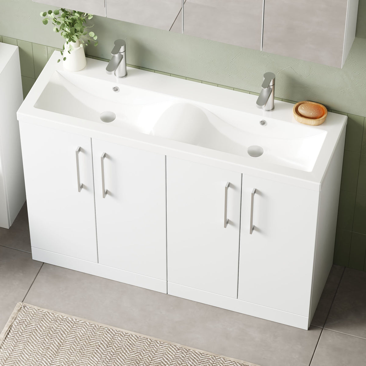 Modern Splash 1200mm Gloss White 4 Door Floor  Standing Vanity Unit With 2 Tap Hole Ceramic Basin
