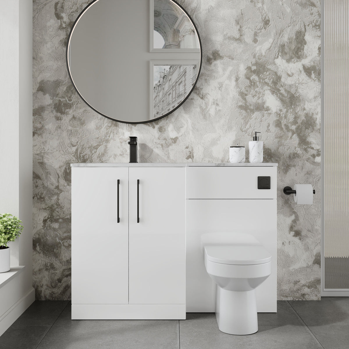 Modern Splash 1100mm Gloss White 2 Door Floor Standing Left-Hand Combination Unit With Stone Basin