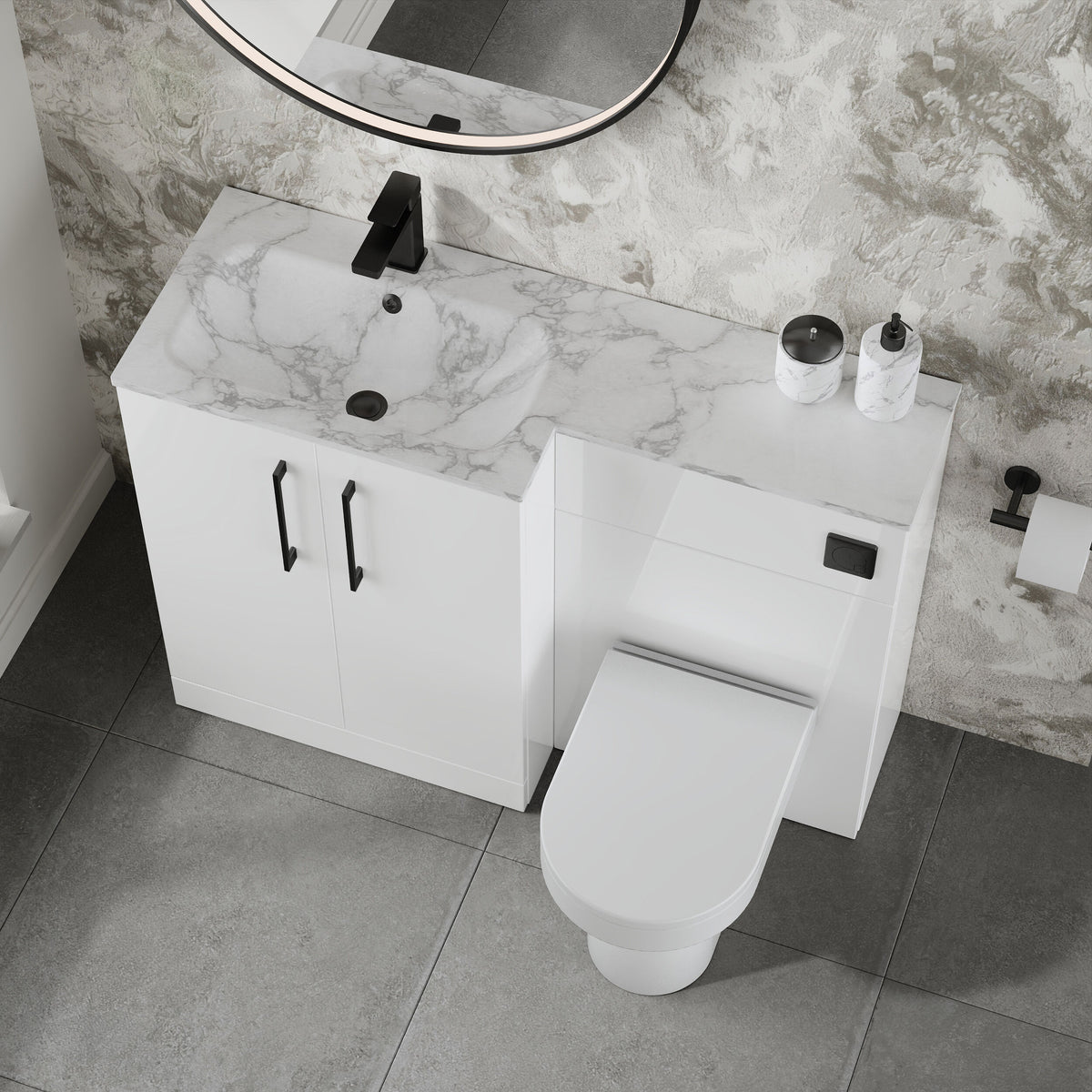Modern Splash 1100mm Gloss White 2 Door Floor Standing Left-Hand Combination Unit With Stone Basin