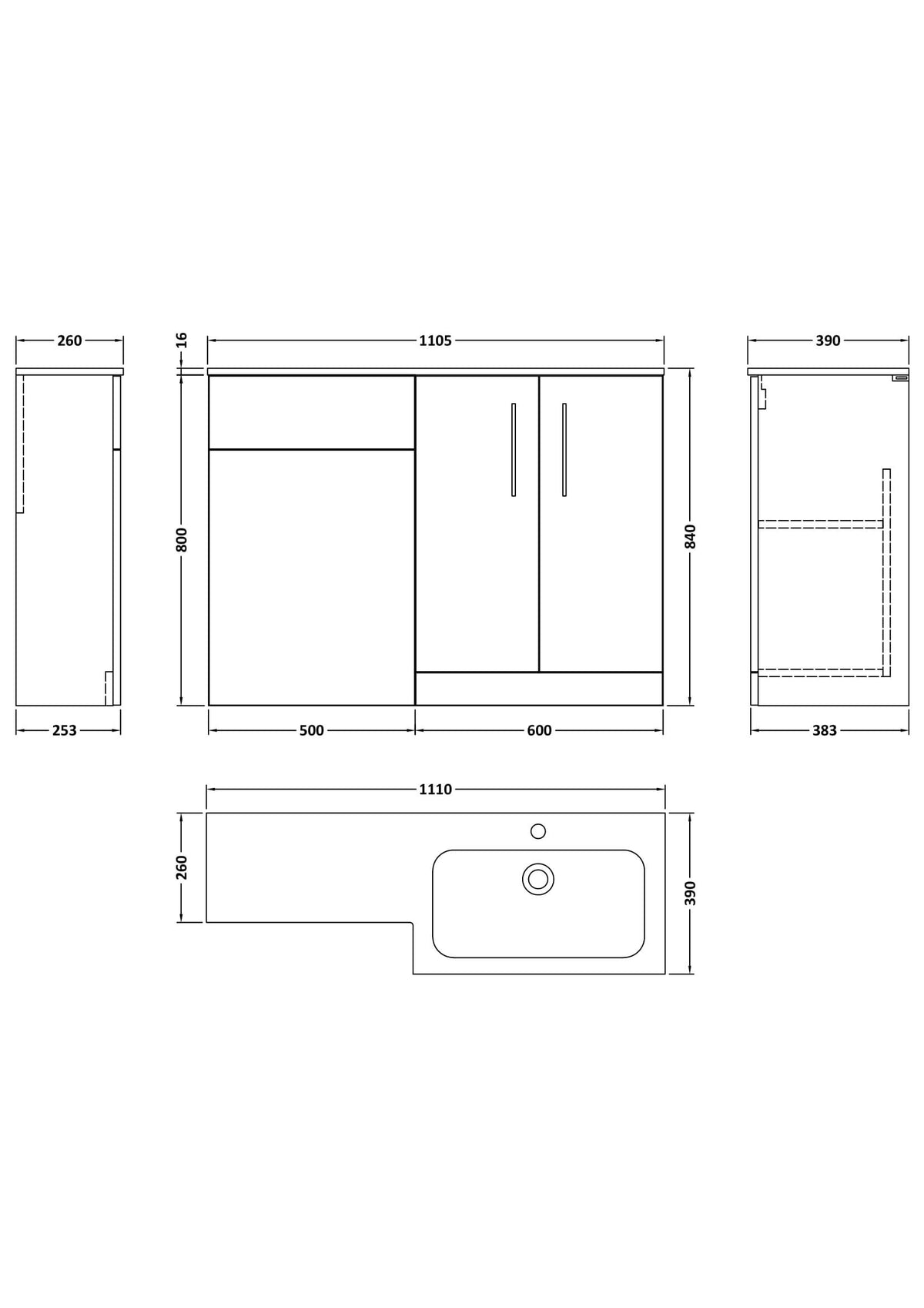 Modern Splash 1100mm Gloss White 2 Door Floor Standing Right-Hand Combination Unit With Stone Basin