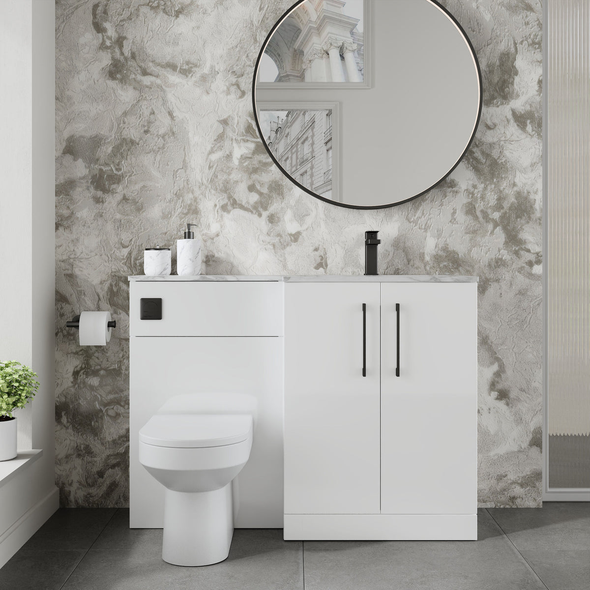 Modern Splash 1100mm Gloss White 2 Door Floor Standing Right-Hand Combination Unit With Stone Basin