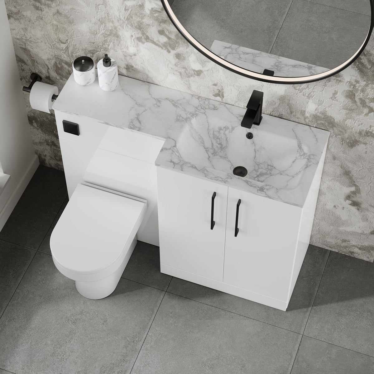 Modern Splash 1100mm Gloss White 2 Door Floor Standing Right-Hand Combination Unit With Stone Basin