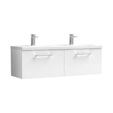 Modern Splash 1200mm Gloss White 2 Drawer Wall Hung Vanity Unit With 2 Tap Hole Ceramic Basin