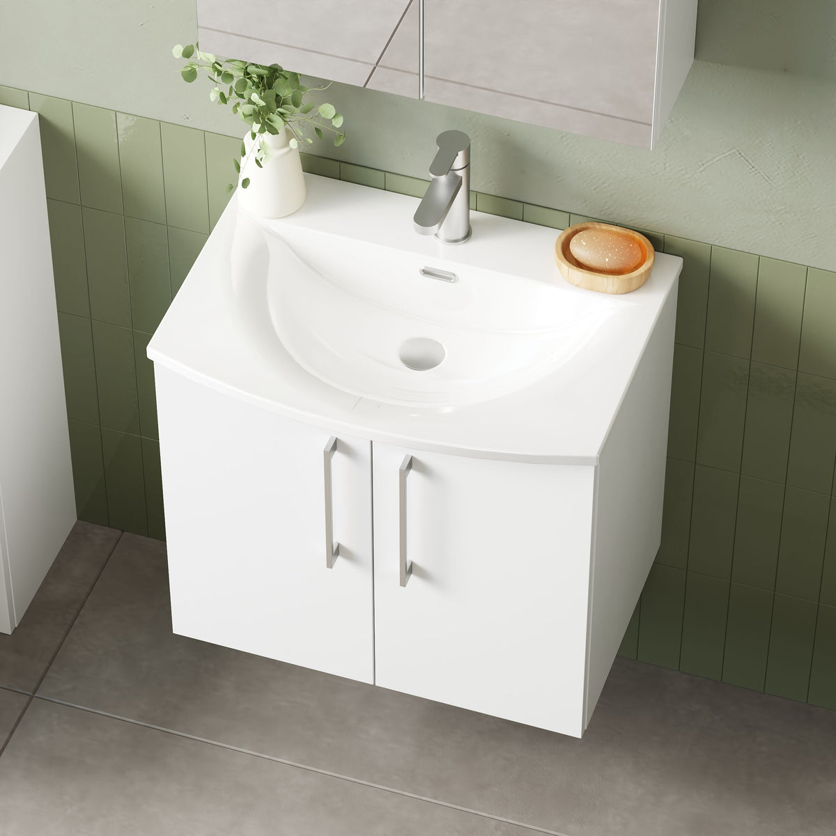 Modern Splash 600mm Gloss White 2 Door Wall Hung Vanity Unit With Curved Basin