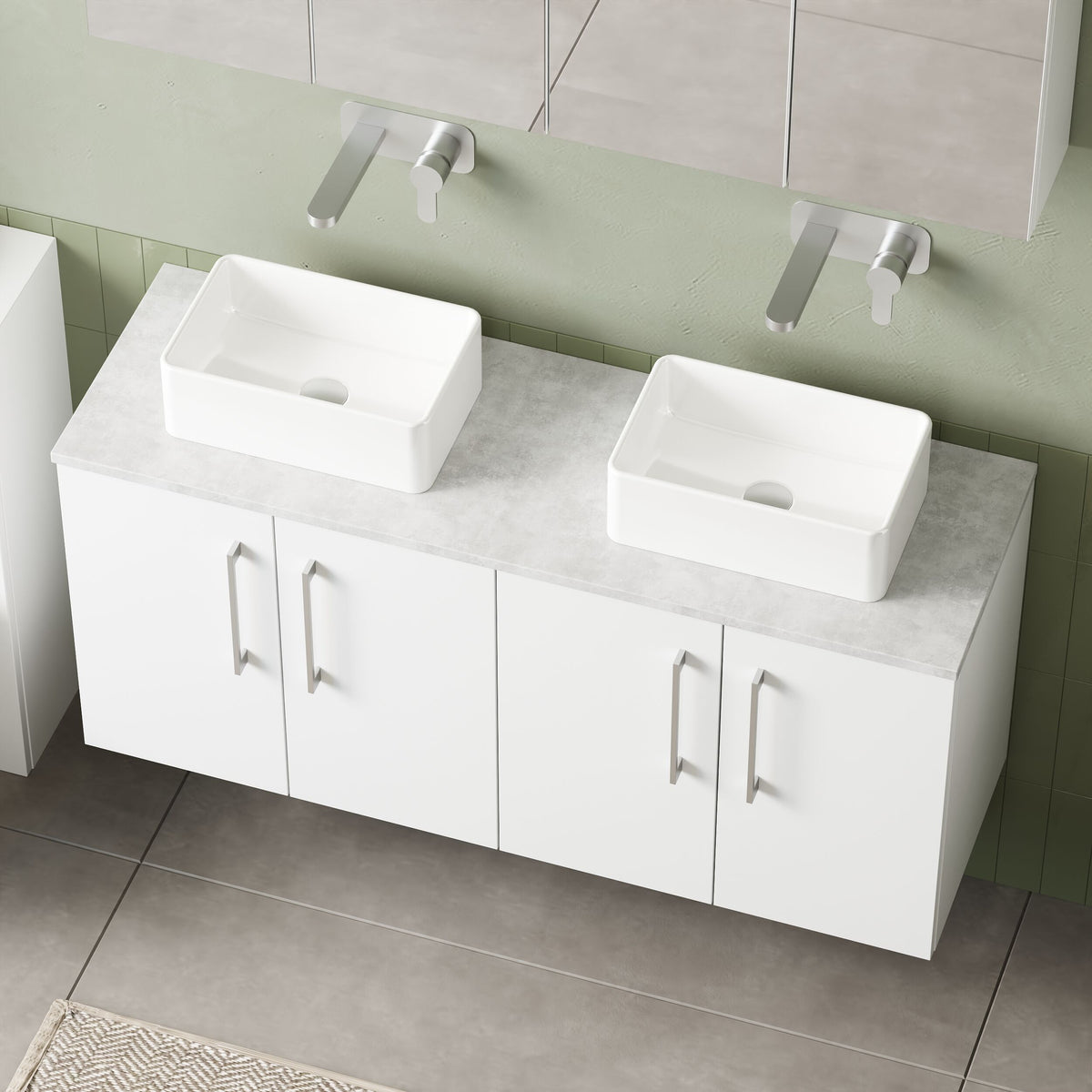 Modern Splash 1200mm Gloss White Wall Hung 4-Door Vanity Unit With Bellato Grey Worktop
