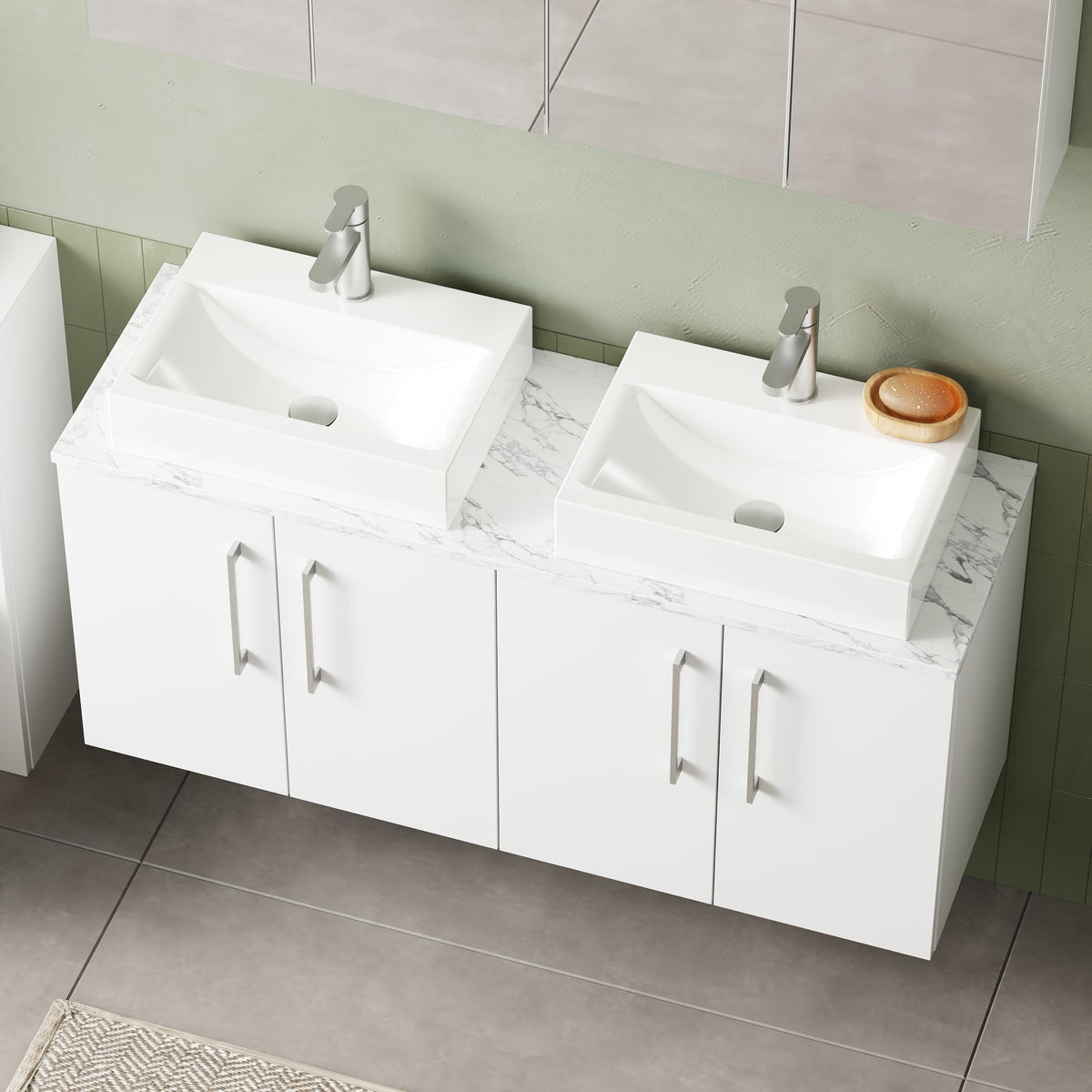 Modern Splash 1200mm Gloss White 4 Door Wall Hung Vanity With Carrara Laminate Worktop