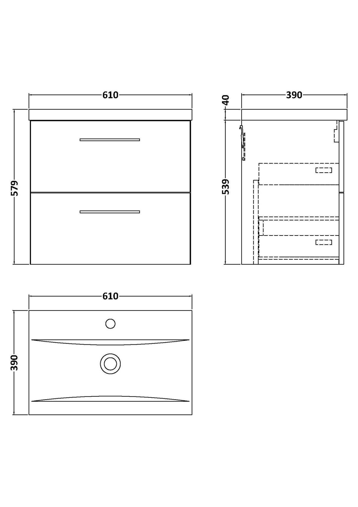 Modern Splash Arno 600mm Gloss White 2 Drawer Wall Hung Vanity Unit With Mid-Edge Basin