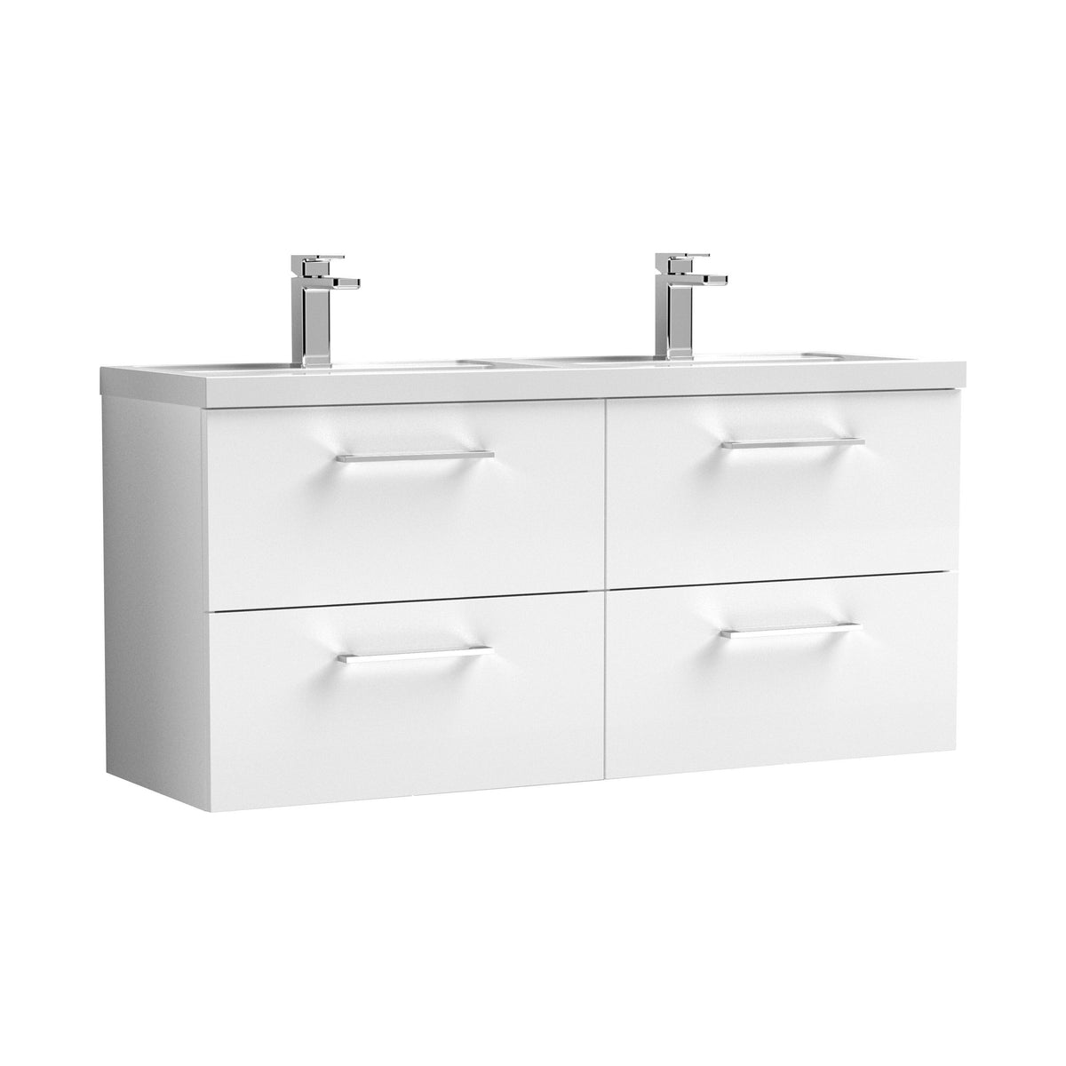 Modern Splash 1200mm Gloss White 4 Drawer Wall Hung Vanity Unit With 2 Tap Hole Polymarble basin