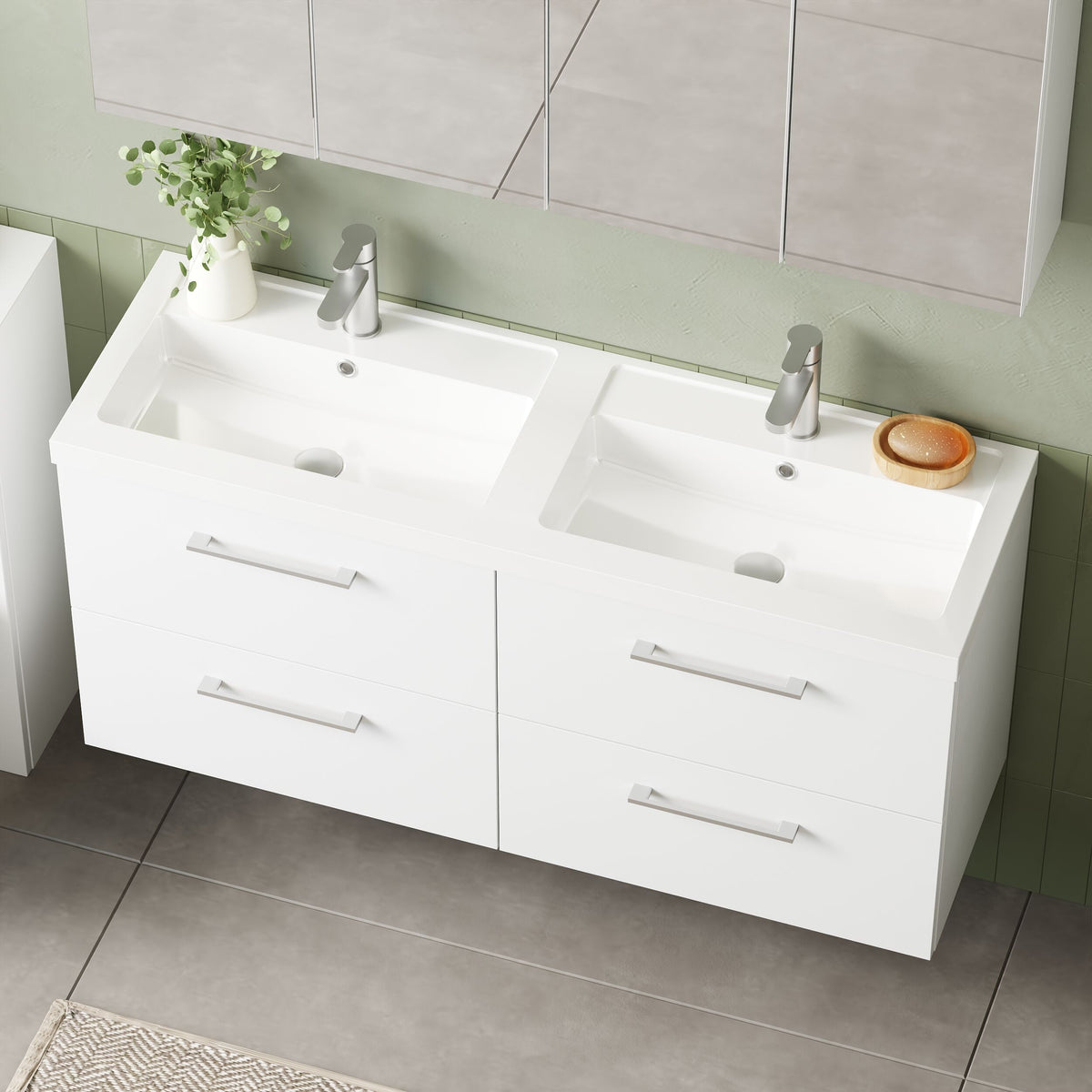 Modern Splash 1200mm Gloss White 4 Drawer Wall Hung Vanity Unit With 2 Tap Hole Polymarble basin