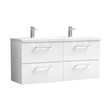 Modern Splash 1200mm Gloss White 4 Drawer Wall Hung Vanity Unit With 2 Tap Hole Ceramic Basin