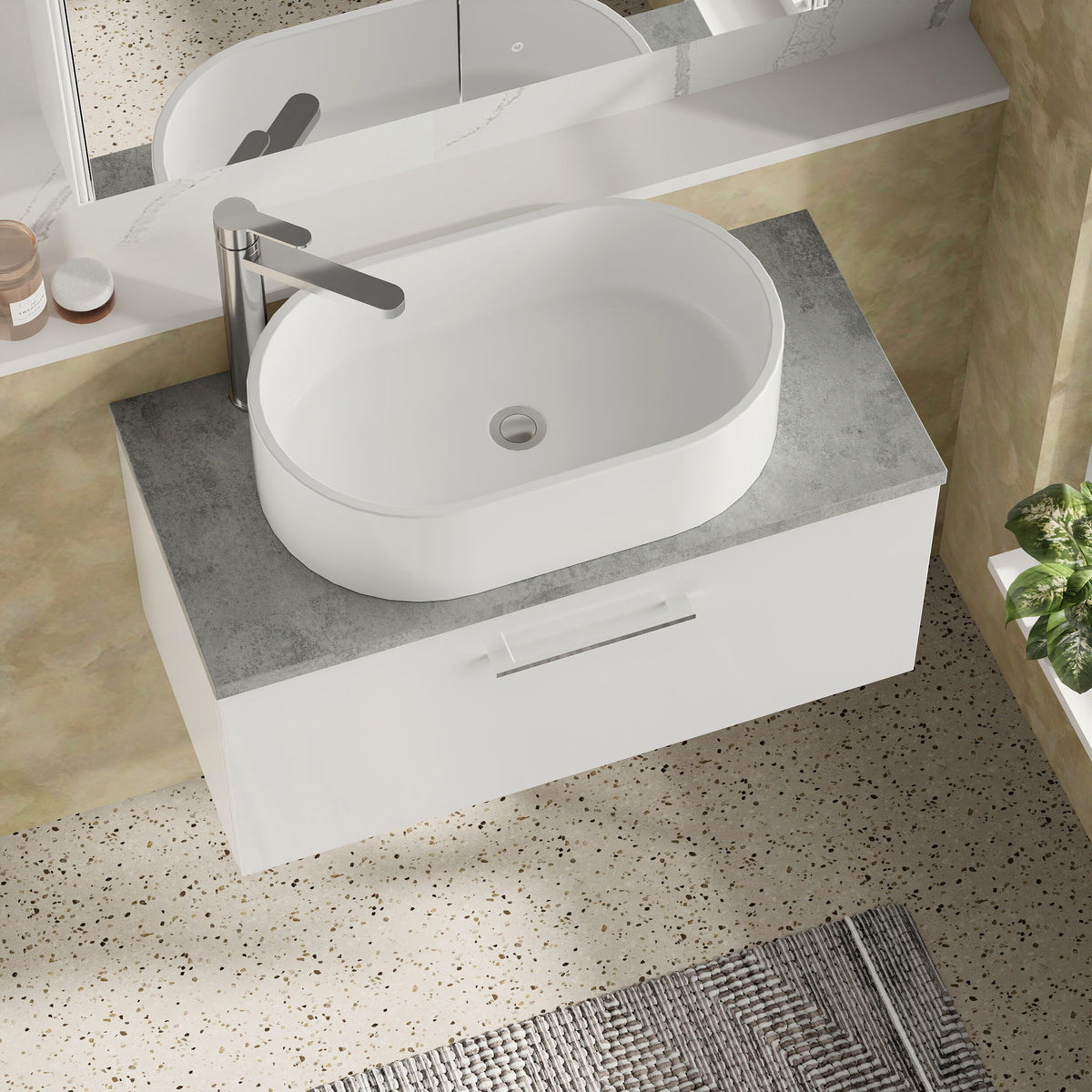 Modern Splash 800mm Gloss White 1 Drawer Wall Hung Vanity Unit With Bellato Grey Worktop