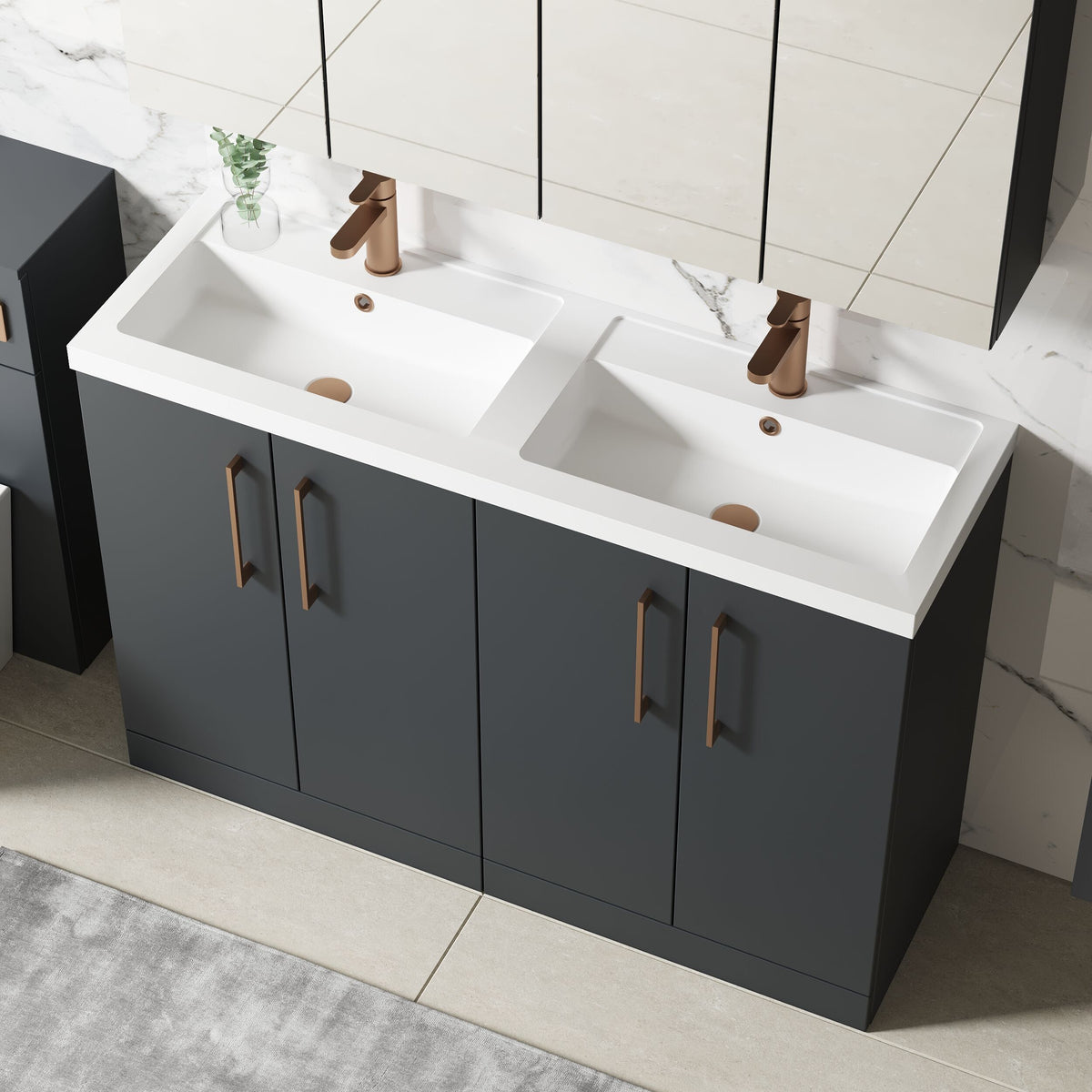 Modern Splash 1200mm Soft Black 4 Door Floor Standing Vanity Unit With 2 Tap Hole Polymarble basin