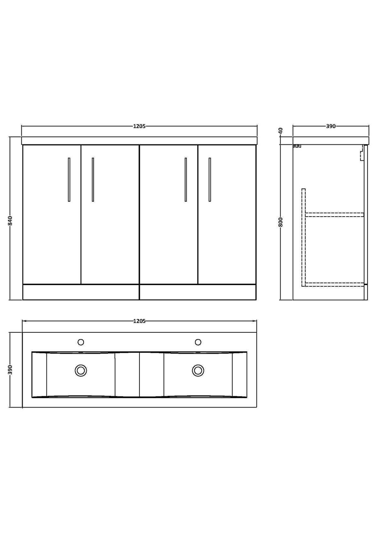 Modern Splash 1200mm Soft Black 4 Door Floor Standing Vanity Unit With 2 Tap Hole Ceramic Basin
