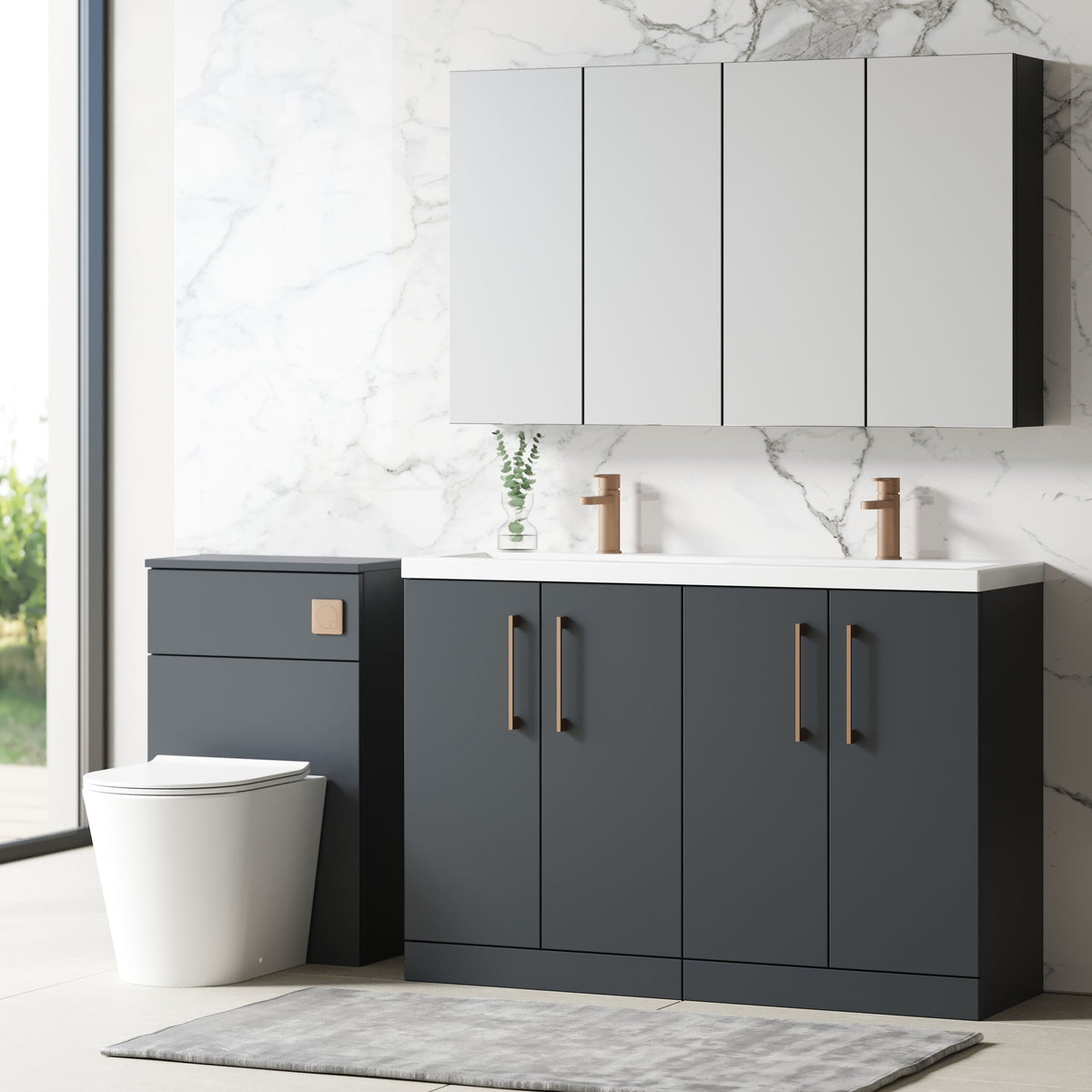 Modern Splash 1200mm Soft Black 4 Door Floor Standing Vanity Unit With 2 Tap Hole Ceramic Basin