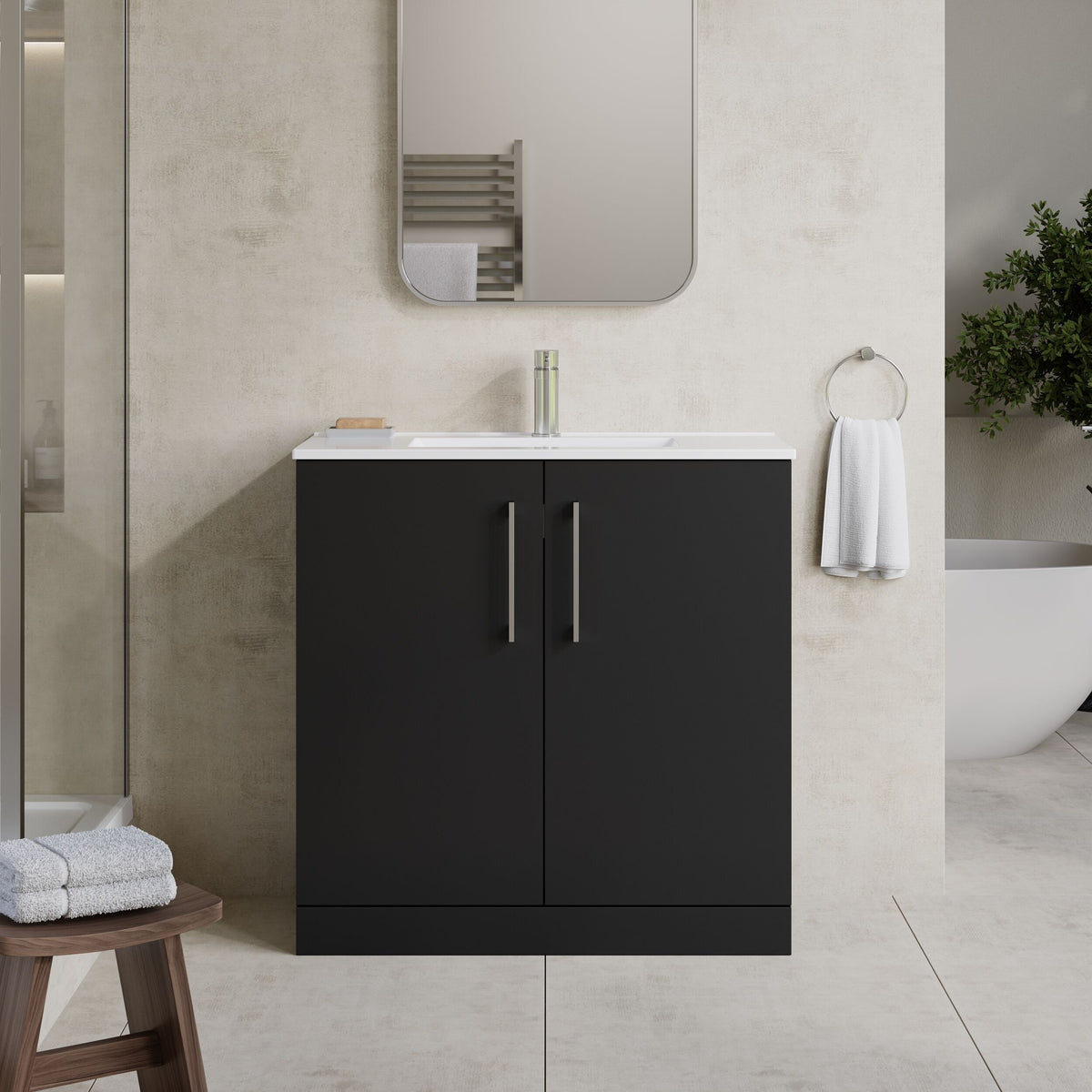 Modern Splash 800mm Soft Black 2 Door Floor Standing Vanity Unit With Minimalist Basin