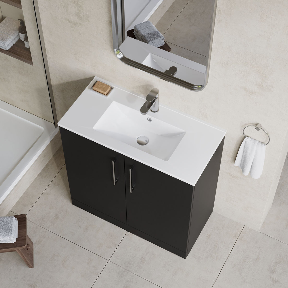 Modern Splash 800mm Soft Black 2 Door Floor Standing Vanity Unit With Minimalist Basin