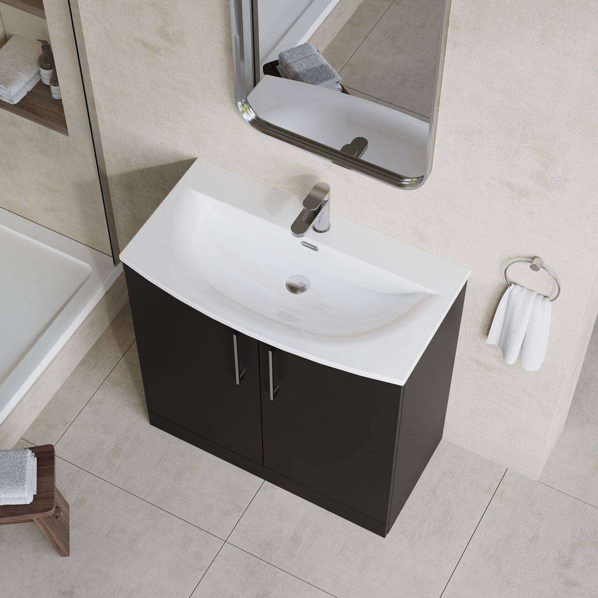 Modern Splash 800mm Soft Black 2 Door Floor Standing Vanity Unit With Curved Basin