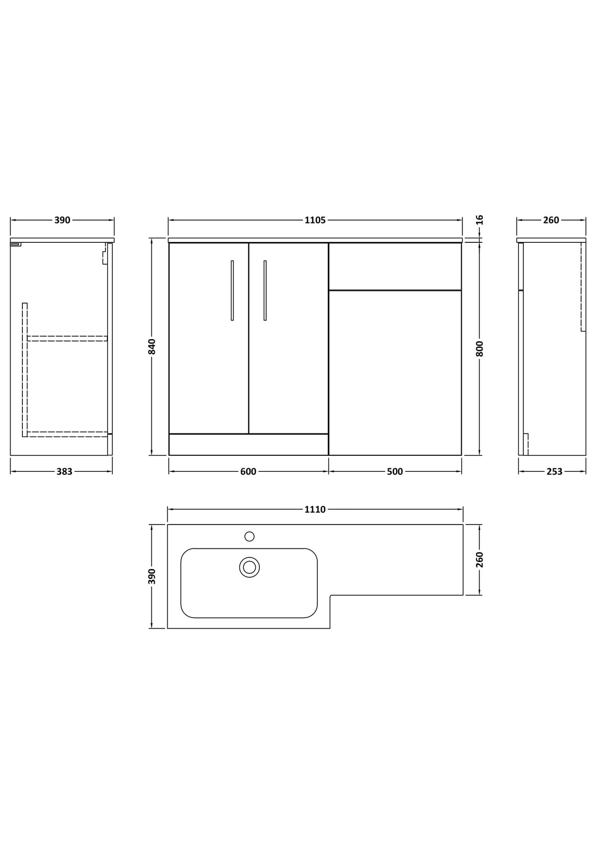 Modern Splash 1100mm Soft Black 2 Door Floor Standing Left-Hand Combination Unit With Stone Basin