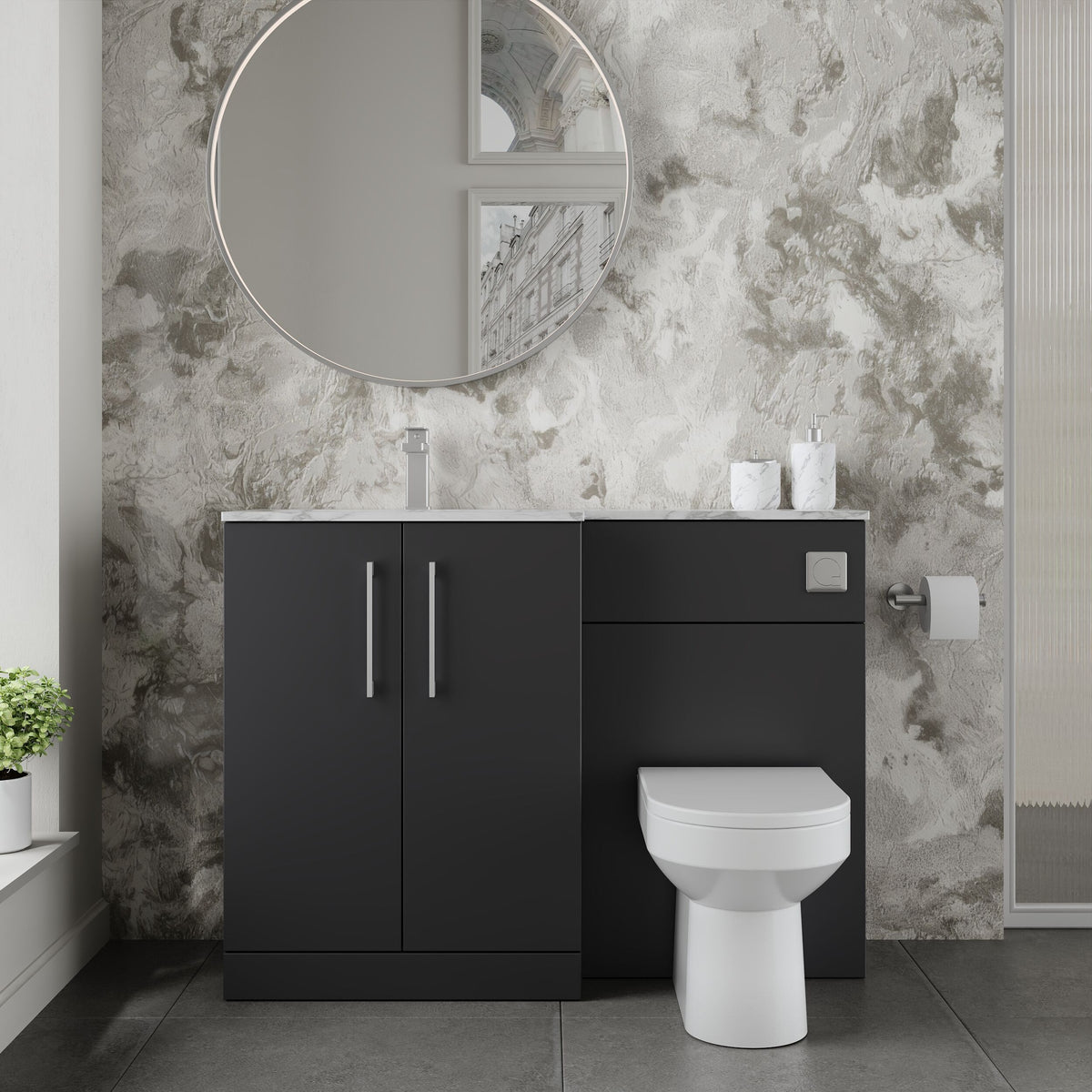 Modern Splash 1100mm Soft Black 2 Door Floor Standing Left-Hand Combination Unit With Stone Basin