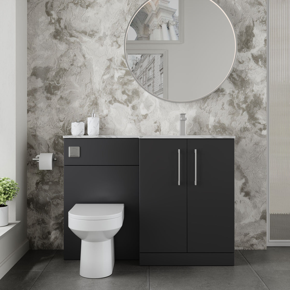Modern Splash 1100mm Soft Black 2 Door Floor Standing Right-Hand Combination Unit With Stone Basin