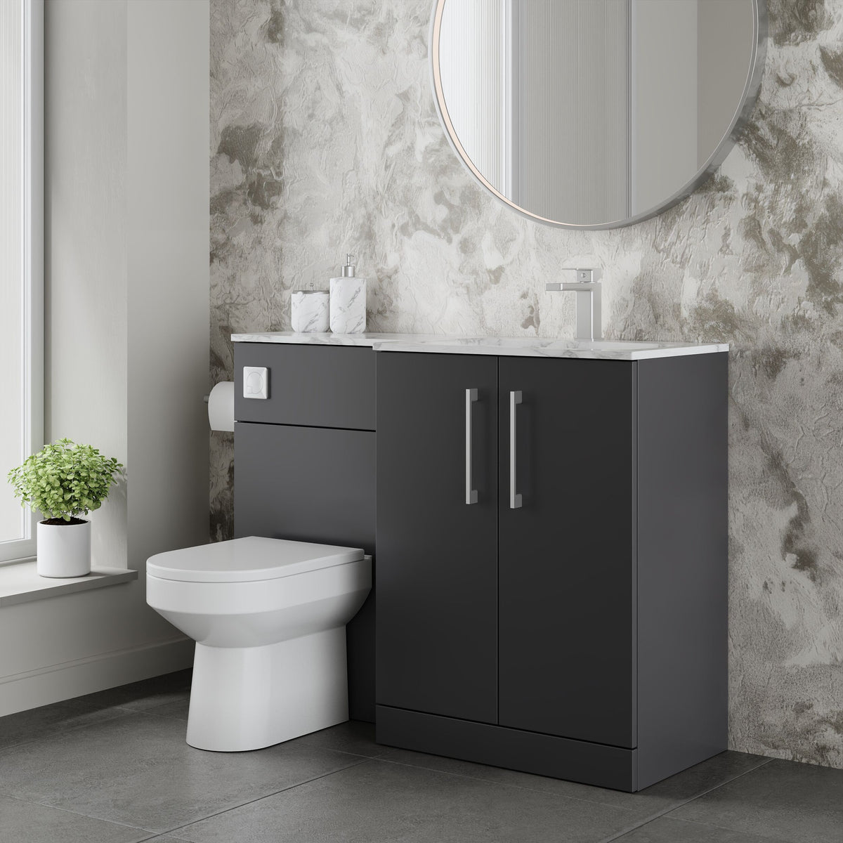 Modern Splash 1100mm Soft Black 2 Door Floor Standing Right-Hand Combination Unit With Stone Basin