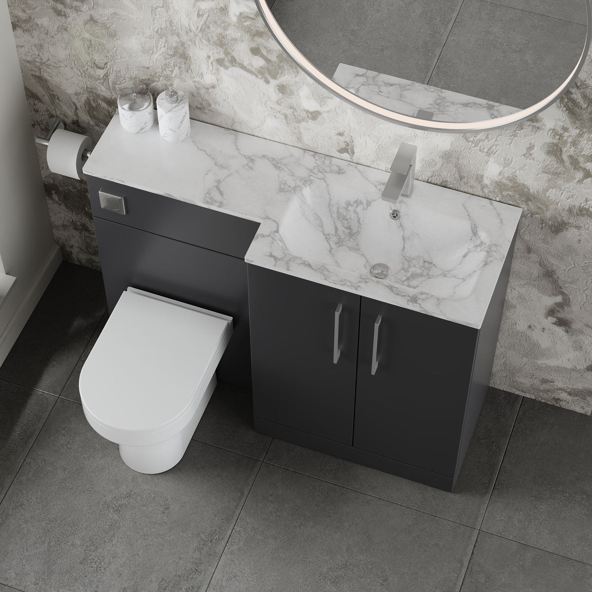 Modern Splash 1100mm Soft Black 2 Door Floor Standing Right-Hand Combination Unit With Stone Basin