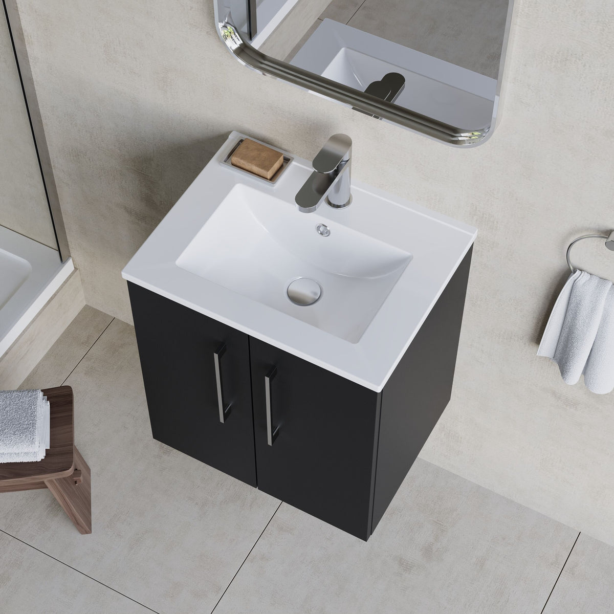 Modern Splash 500mm Soft Black 2 Door Wall Hung Vanity Unit With Minimalist Basin