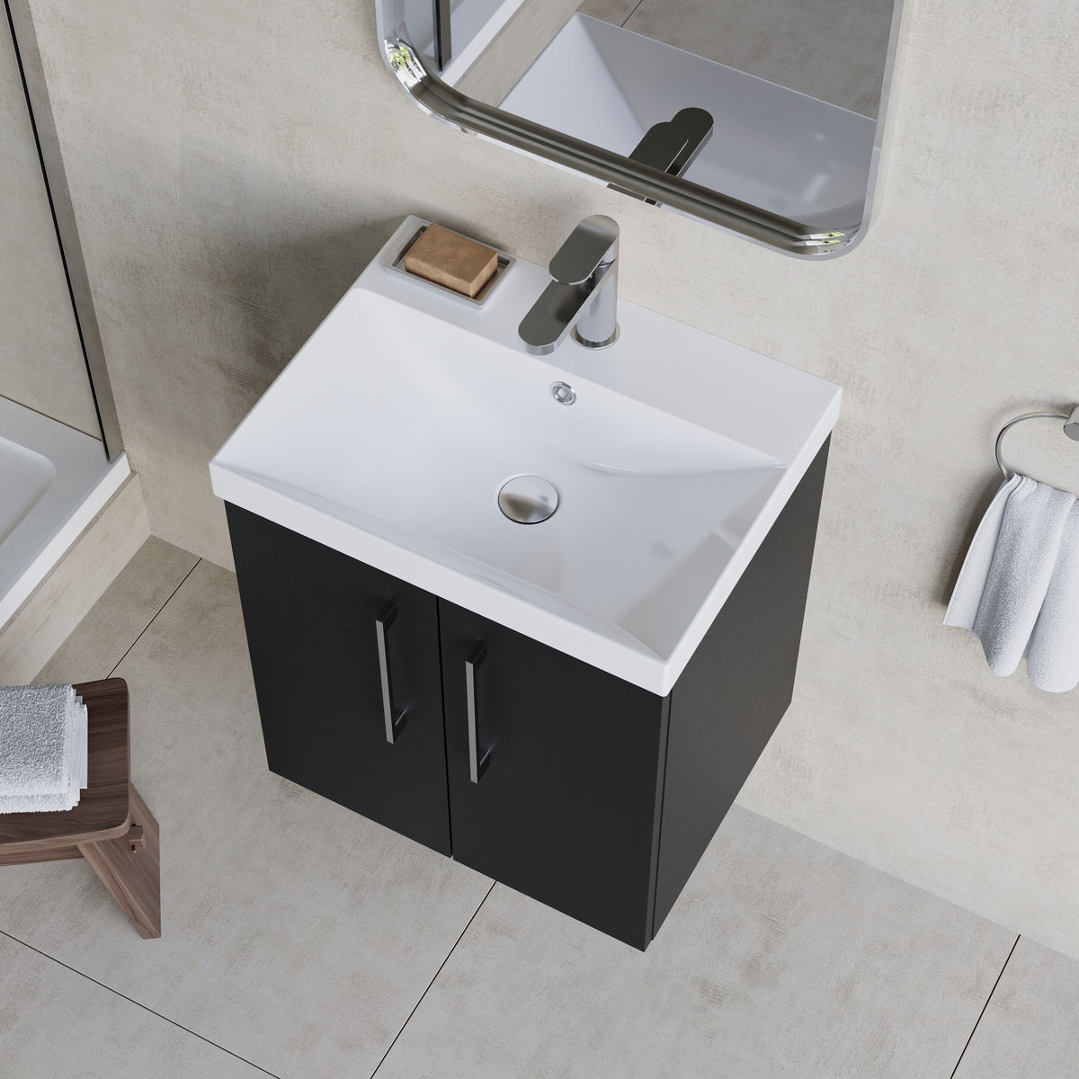 Modern Splash 500mm Soft Black 2 Door Wall Hung Vanity Unit With Thin Edge Basin