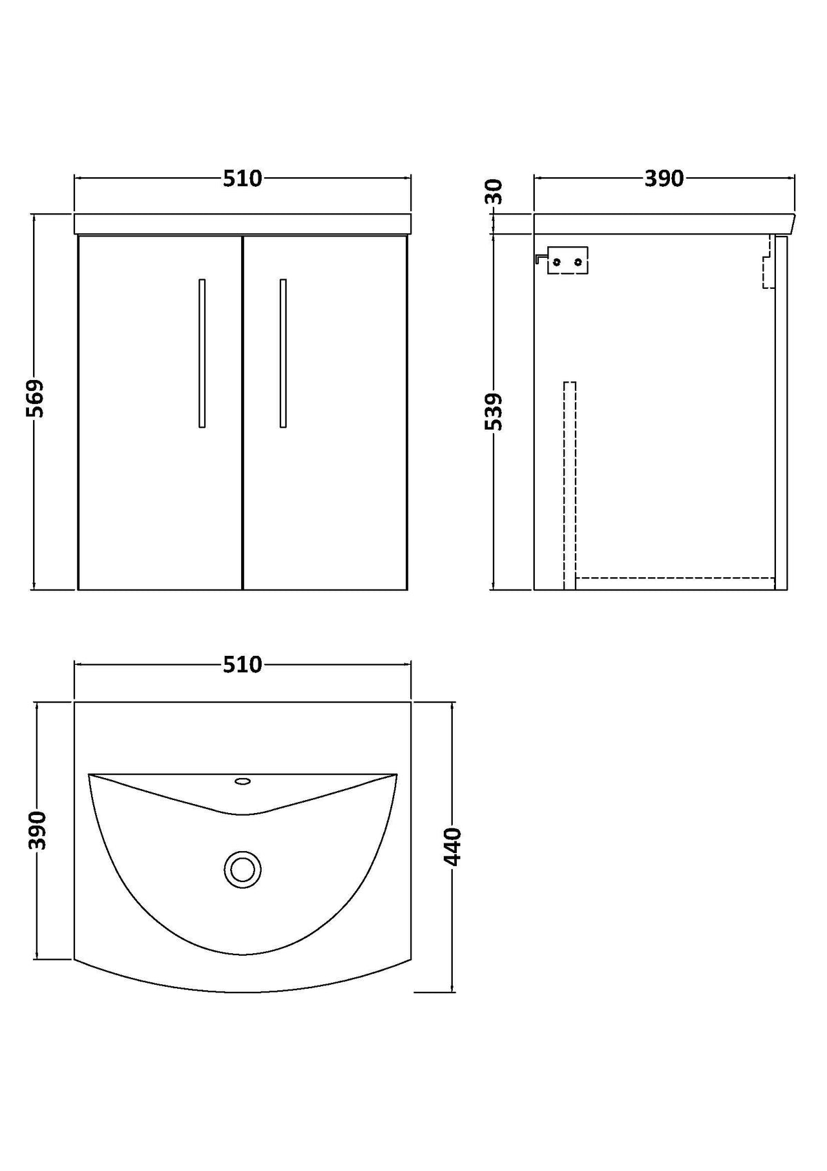 Modern Splash 500mm Soft Black 2 Door Wall Hung Vanity Unit With Curved Basin