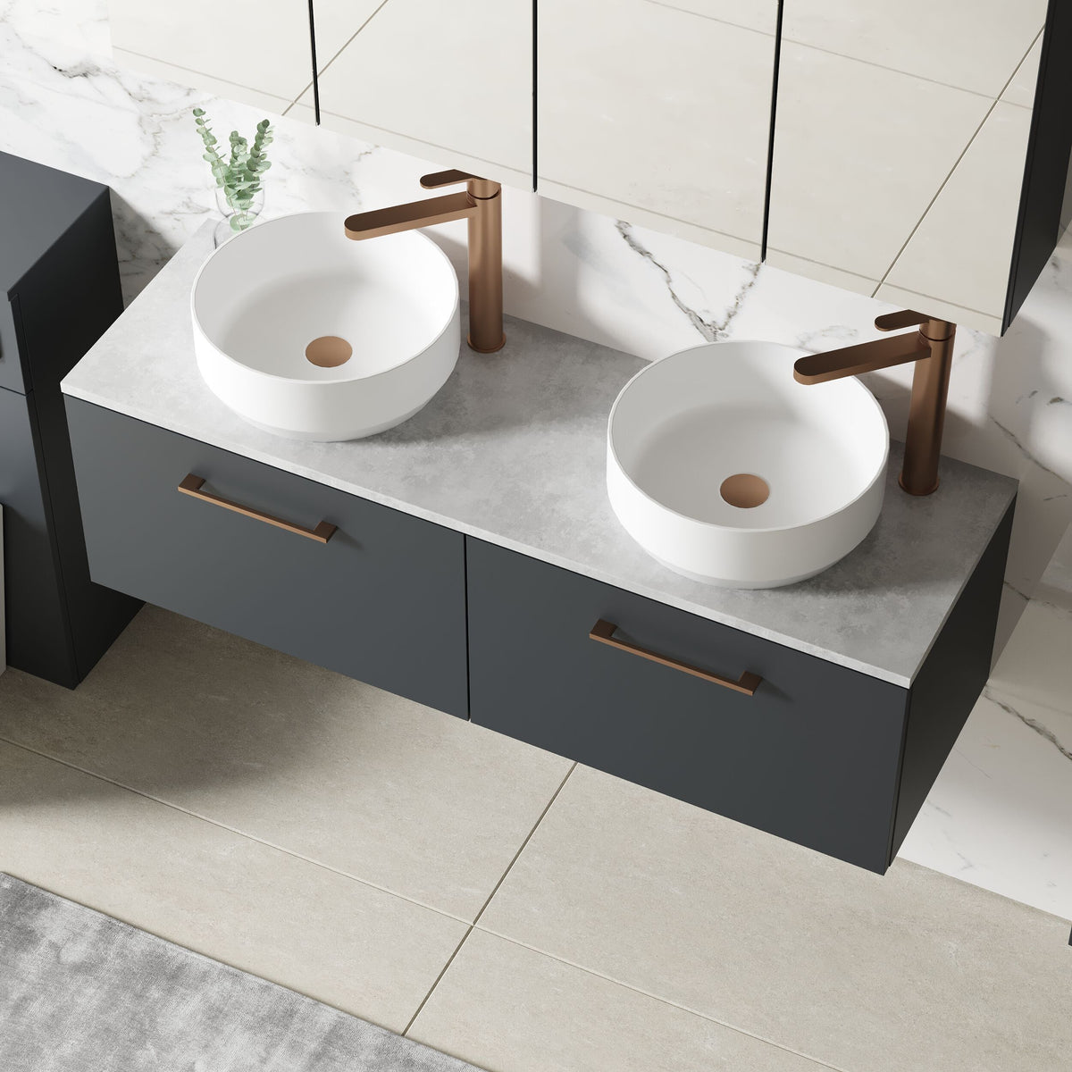 Modern Splash 1200mm Soft Black 2 Drawer Wall Hung Vanity Unit With Bellato Grey Worktop