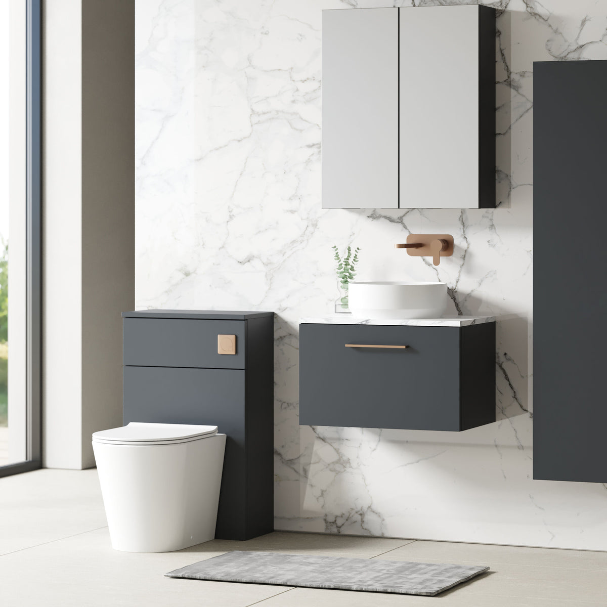 Modern Splash 600mm Soft Black Wall Hung Soft Black 1 Drawer Vanity Unit With Carrara Laminate Worktop