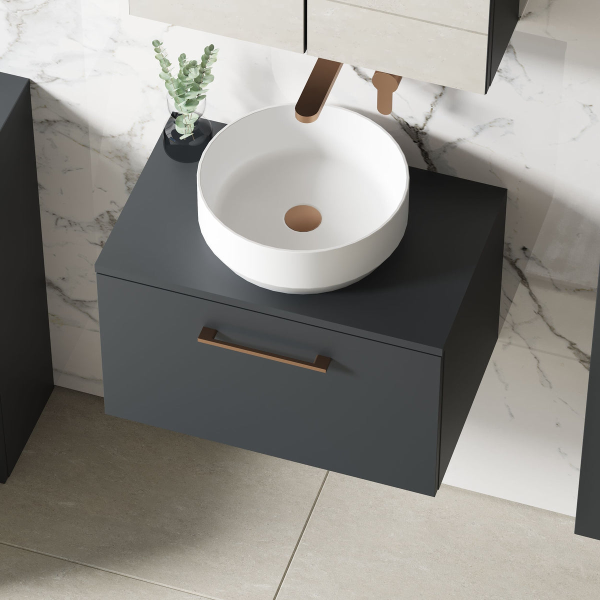 Modern Splash 605mm Soft Black  1 Drawer Wall Hung Vanity Unit With Co-ordinating Worktop