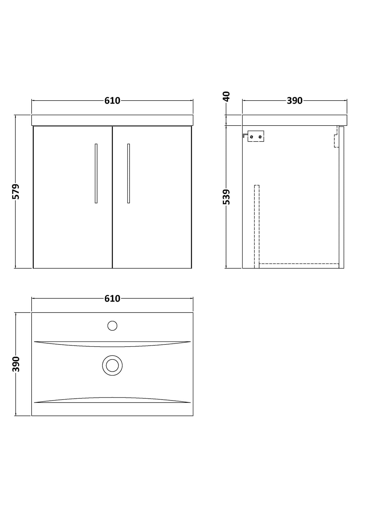 Modern Splash Arno 600mm Soft Black 2 Door Wall Hung Vanity Unit With Mid-Edge Basin