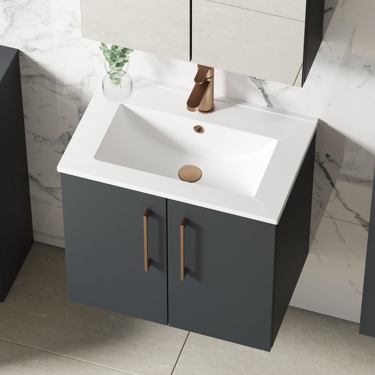 Modern Splash 600mm Soft Black 2 Door Wall Hung Vanity Unit With Minimalist Basin
