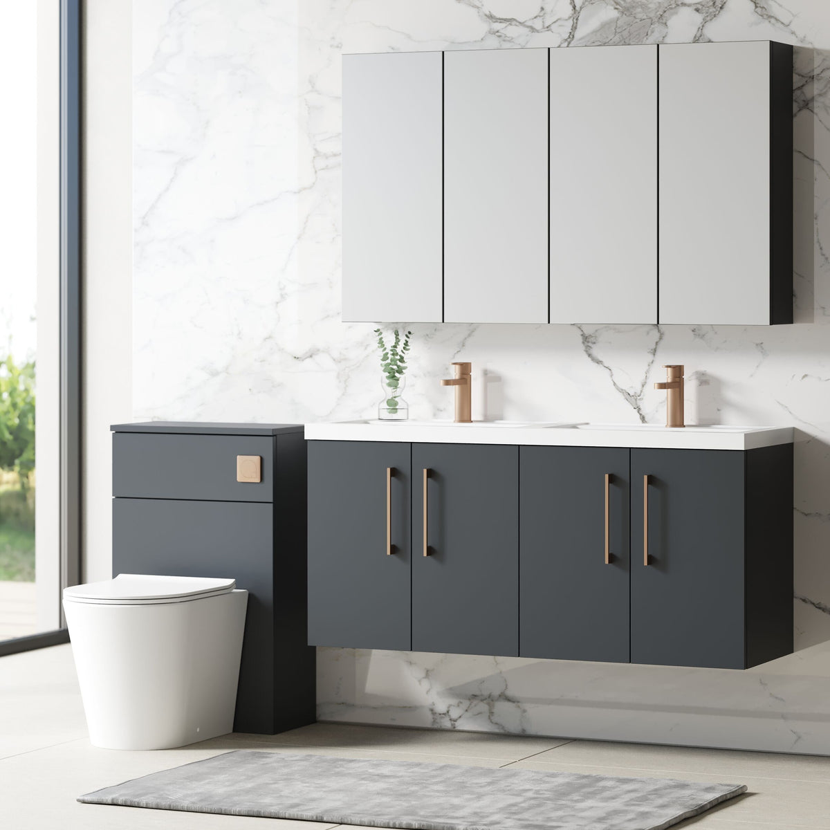 Modern Splash 1200mm Soft Black 4 Door Wall Hung Vanity Unit With 2 Tap Hole Polymarble basin