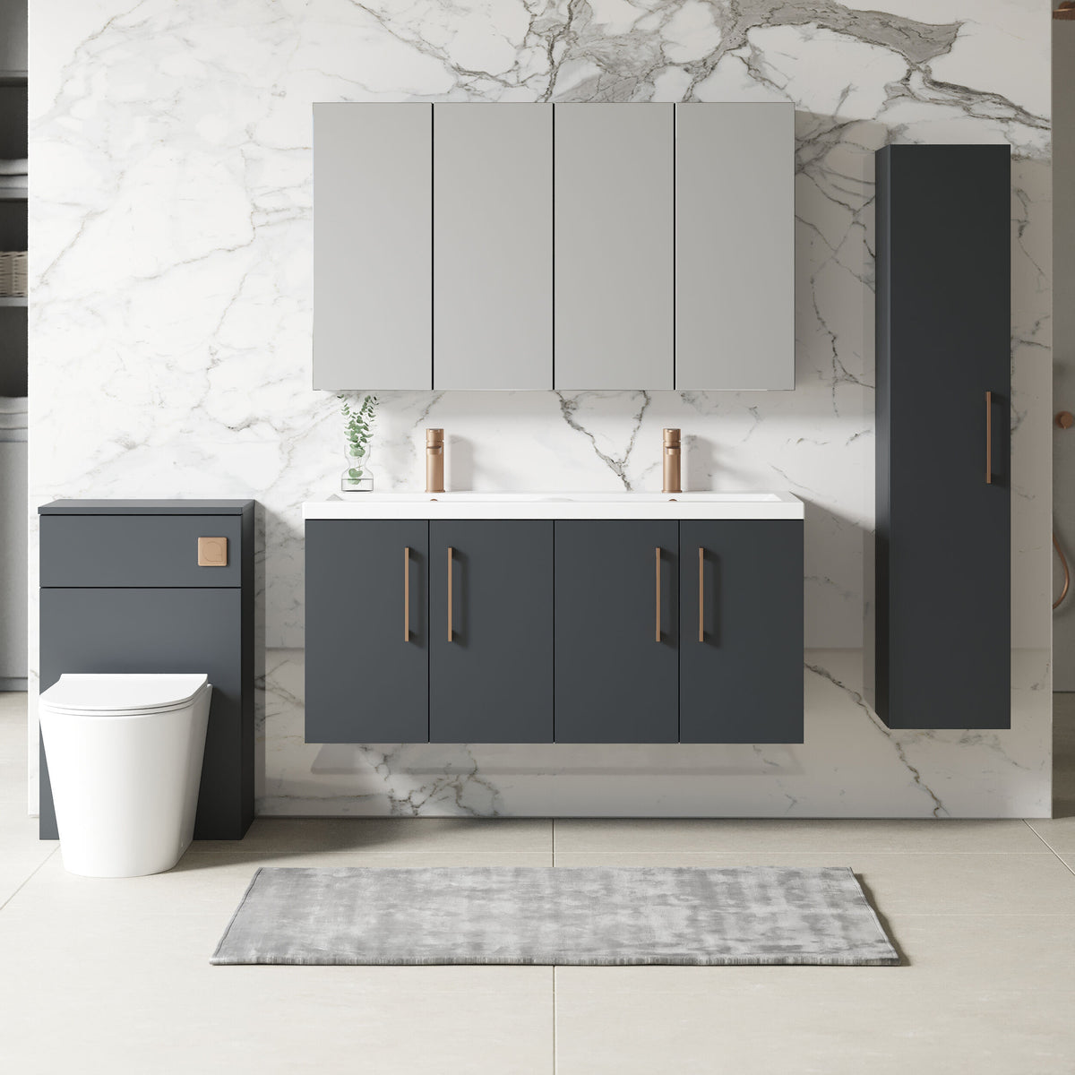Modern Splash 1200mm Soft Black 4 Door Wall Hung Vanity Unit With 2 Tap Hole Ceramic Basin