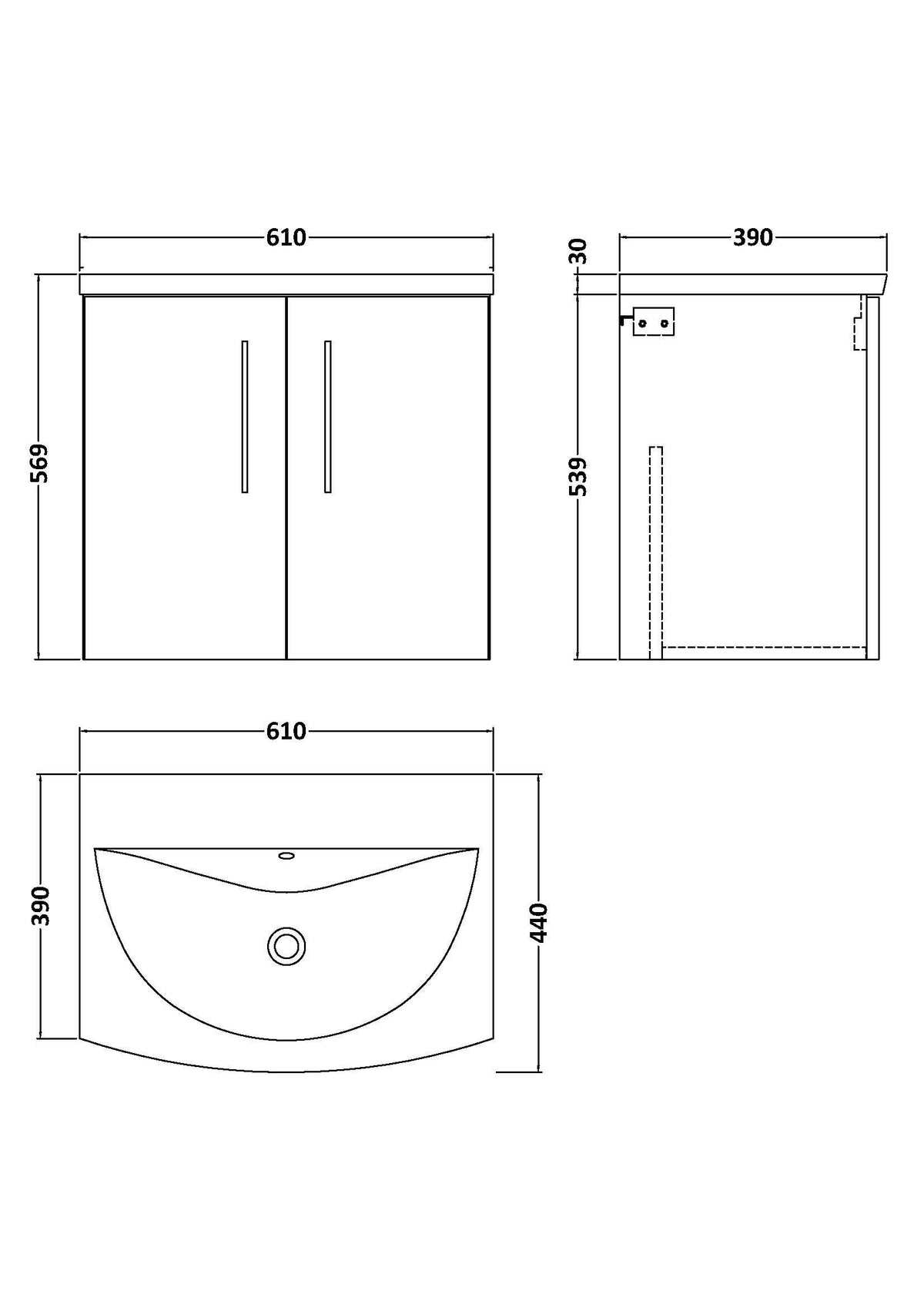 Modern Splash 600mm Soft Black 2 Door Wall Hung Vanity Unit With Curved Basin