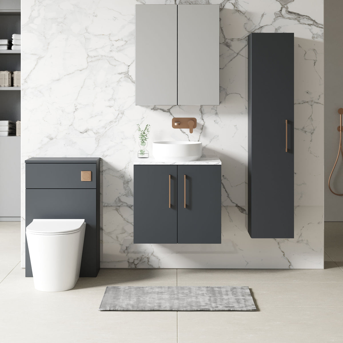Modern Splash 600mm Soft Black 2 Door Wall Hung Vanity Unit With Carrara Laminate Worktop
