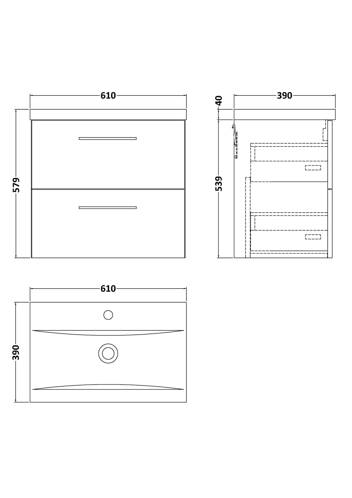 Modern Splash Arno 600mm Soft Black 2 Drawer Wall Hung Vanity Unit With Mid-Edge Basin