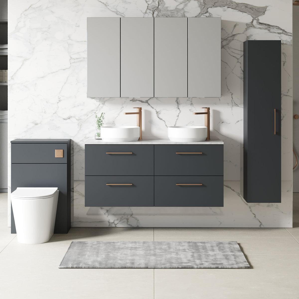 Modern Splash 1200mm Soft Black 4 Drawer Wall Hung Soft Black Vanity Unit With Bellato Grey Worktop