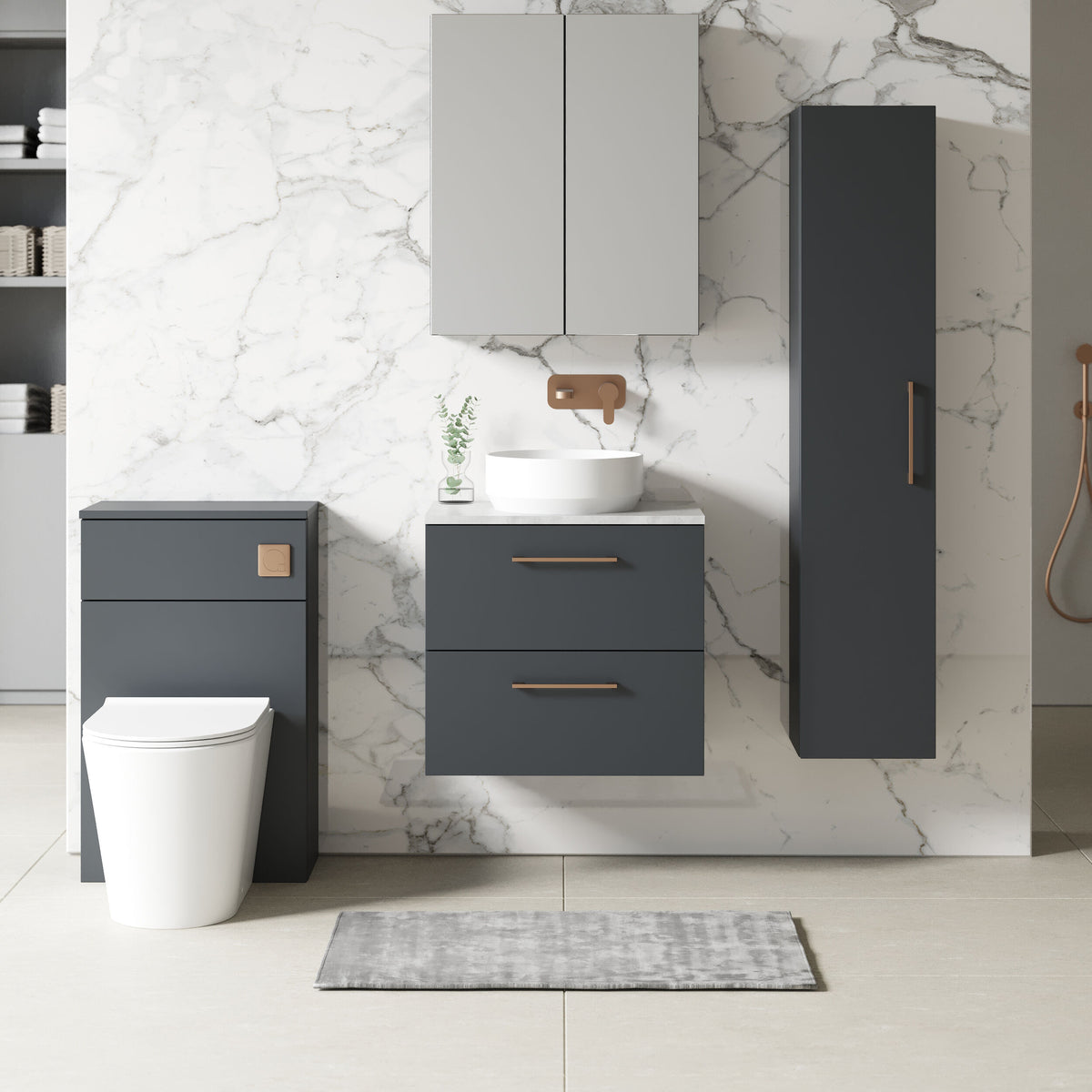Modern Splash 600mm Soft Black 2 Drawer Wall Hung Vanity Unit With Bellato Grey Worktop