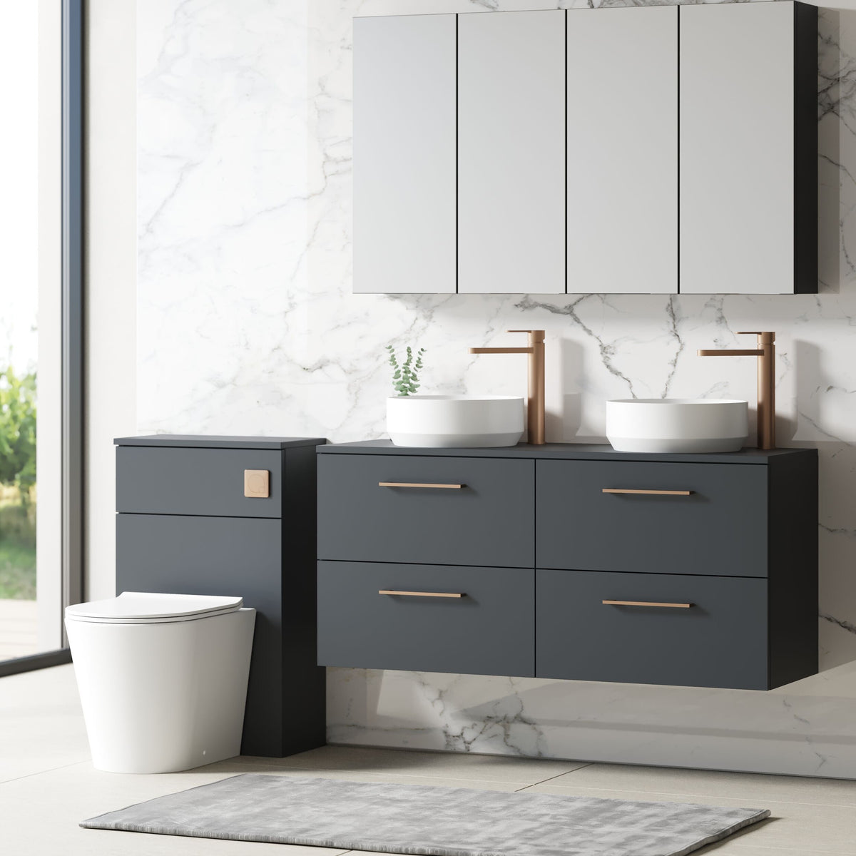 Modern Splash 1200mm Soft Black 4 Drawer Wall Hung Vanity Unit With Co-ordinating Worktop