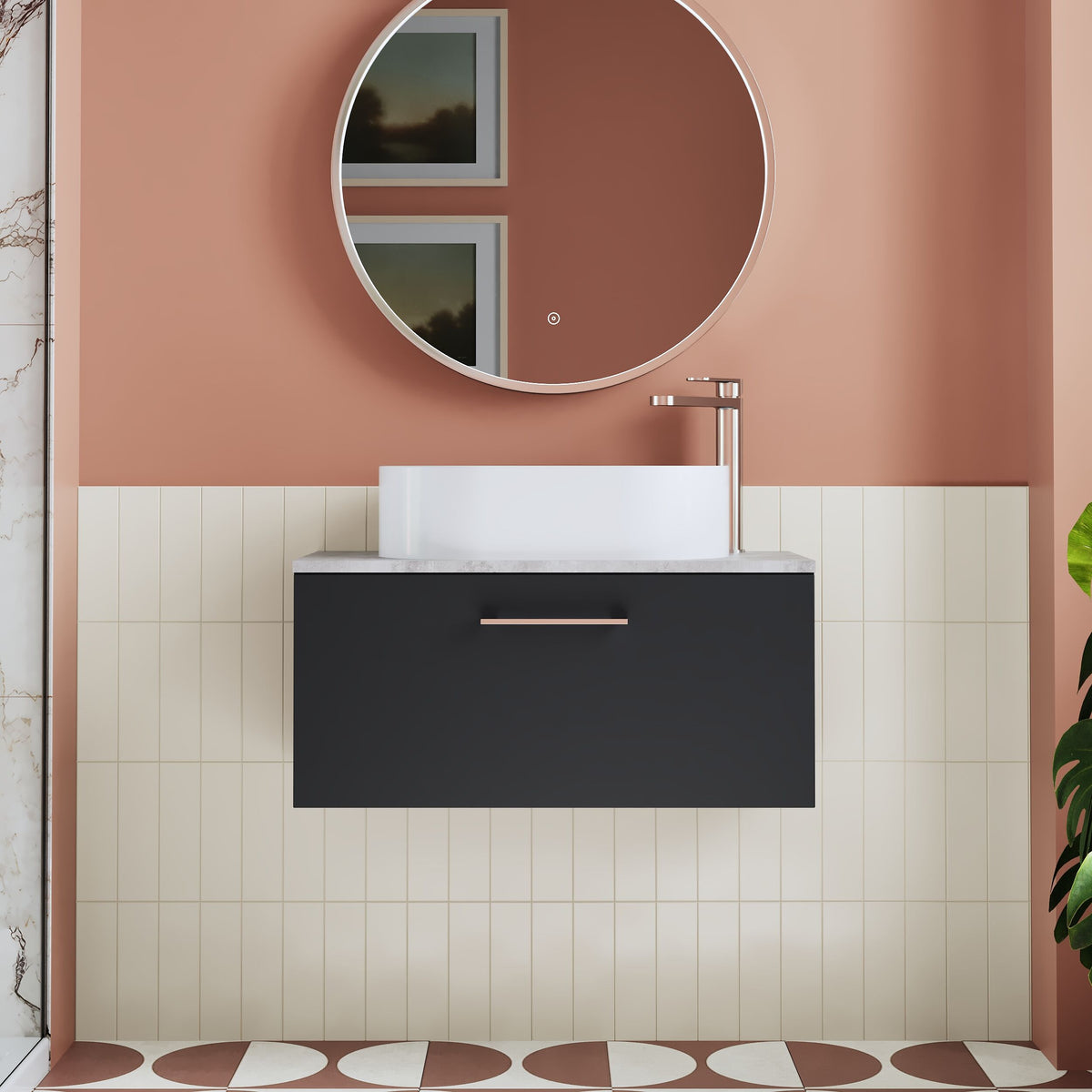 Modern Splash 800mm Soft Black 1 Drawer Wall Hung Vanity Unit With Bellato Grey Worktop