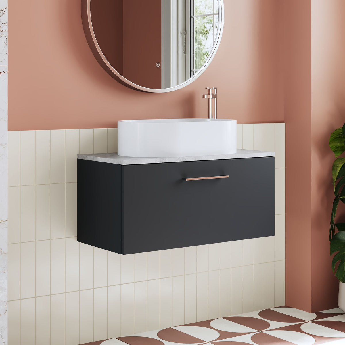 Modern Splash 800mm Soft Black 1 Drawer Wall Hung Vanity Unit With Bellato Grey Worktop