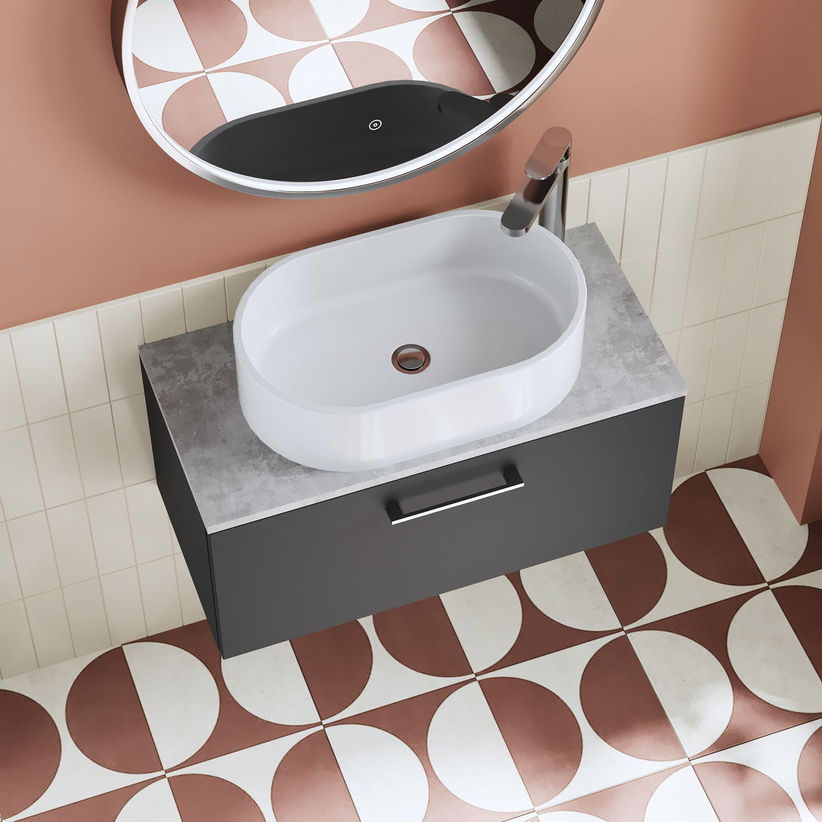 Modern Splash 800mm Soft Black 1 Drawer Wall Hung Vanity Unit With Bellato Grey Worktop