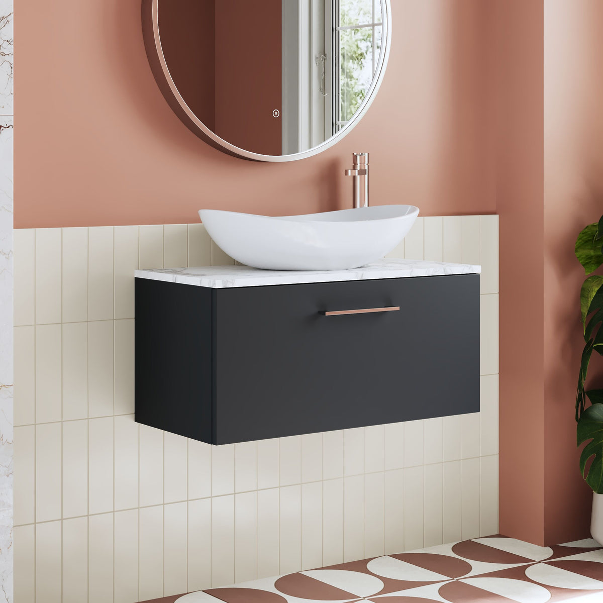 Modern Splash 800mm Soft Black 1 Drawer Wall Hung Vanity Unit With Soft Close Drawer & Carrara Laminate Worktop