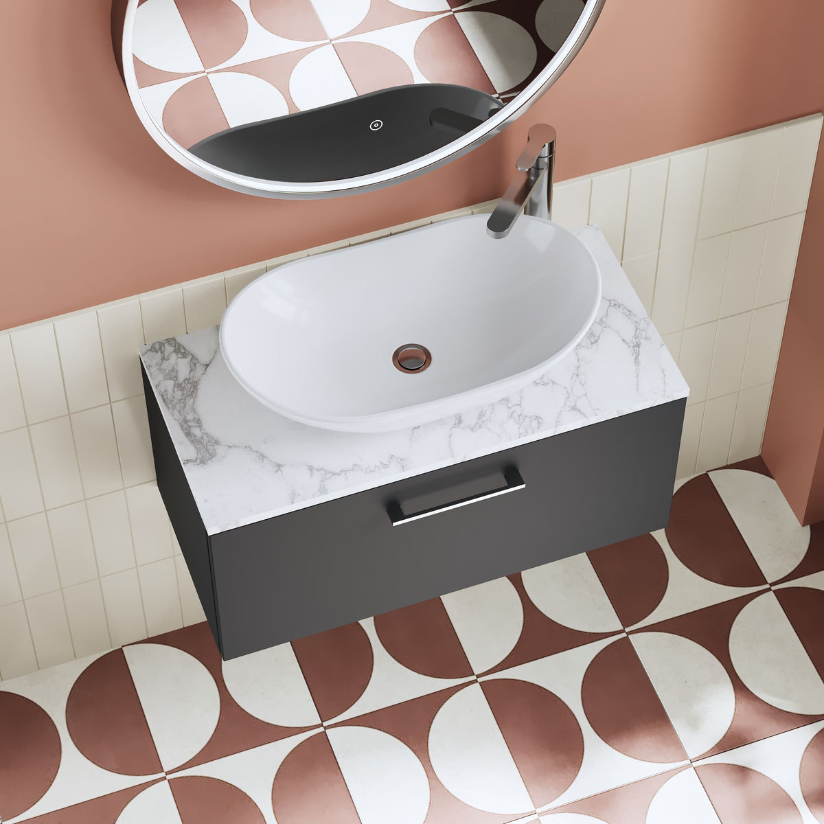 Modern Splash 800mm Soft Black 1 Drawer Wall Hung Vanity Unit With Soft Close Drawer & Carrara Laminate Worktop