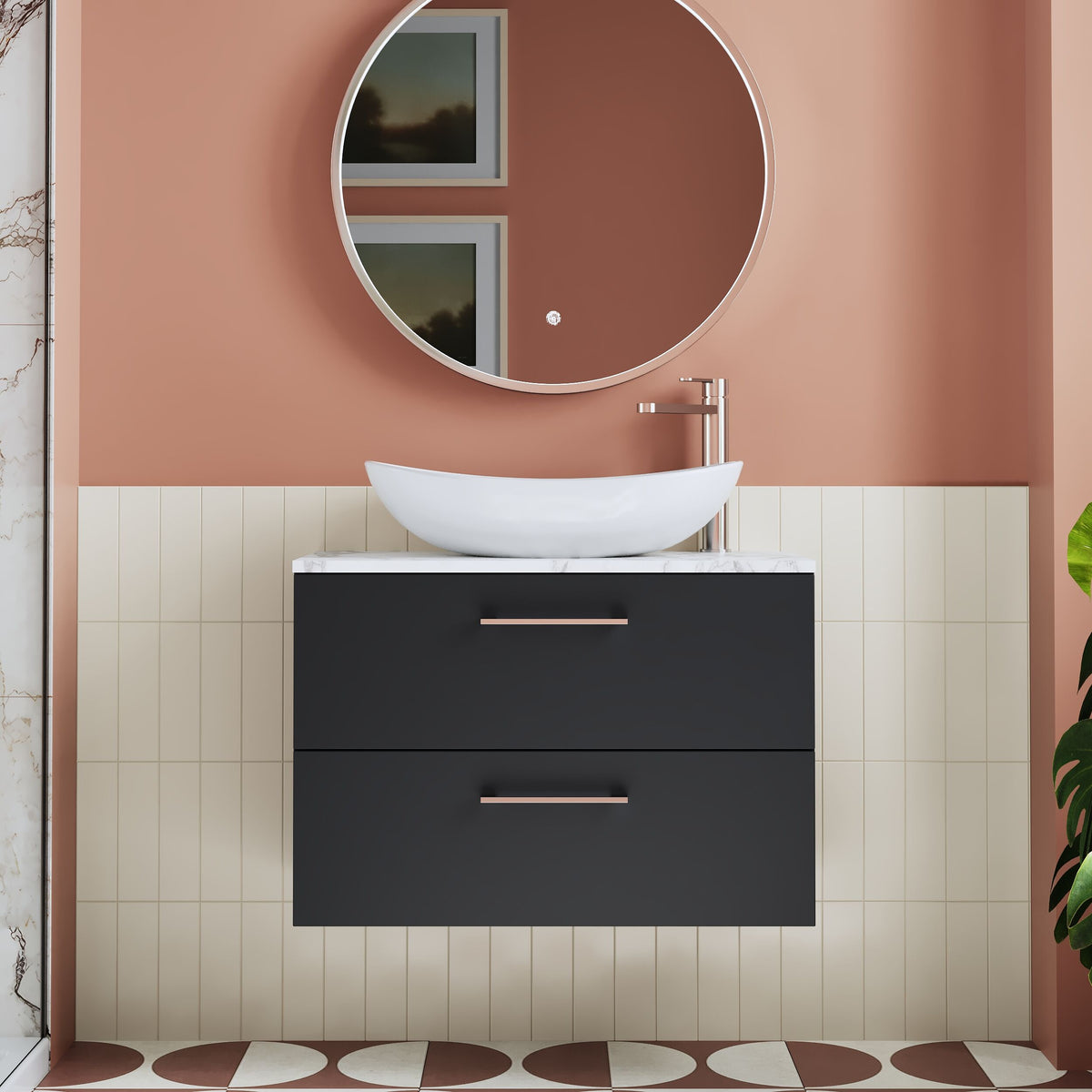 Modern Splash 800mm Soft Black 2 Drawer Wall Hung Soft Black Vanity Unit With Carrara Laminate Worktop