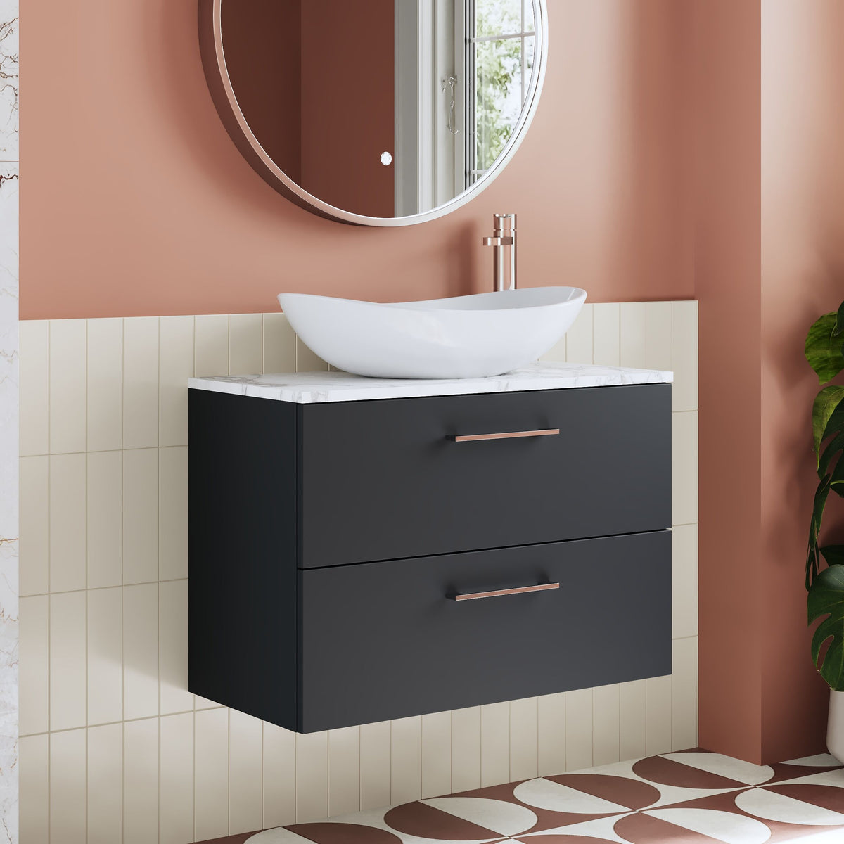 Modern Splash 800mm Soft Black 2 Drawer Wall Hung Soft Black Vanity Unit With Carrara Laminate Worktop
