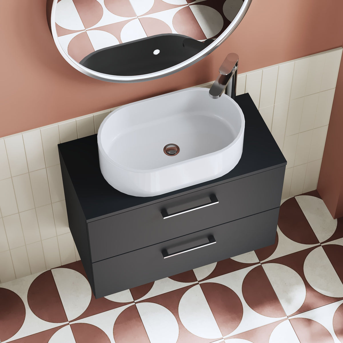 Modern Splash 800mm Soft Black 2 Drawer Wall Hung Vanity Unit With Co-ordinating Worktop